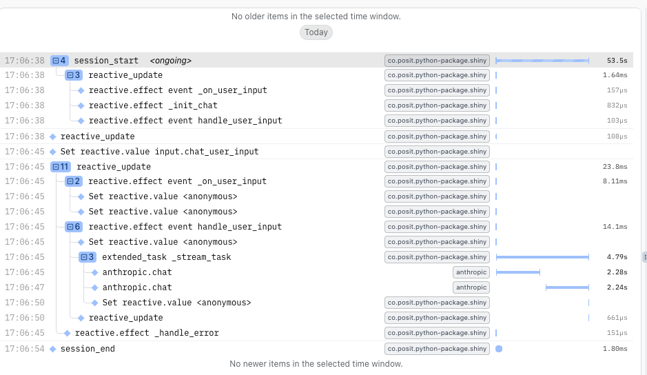 Trace in Logfire showing a full user session with reactive updates, model calls, and a tool invocation